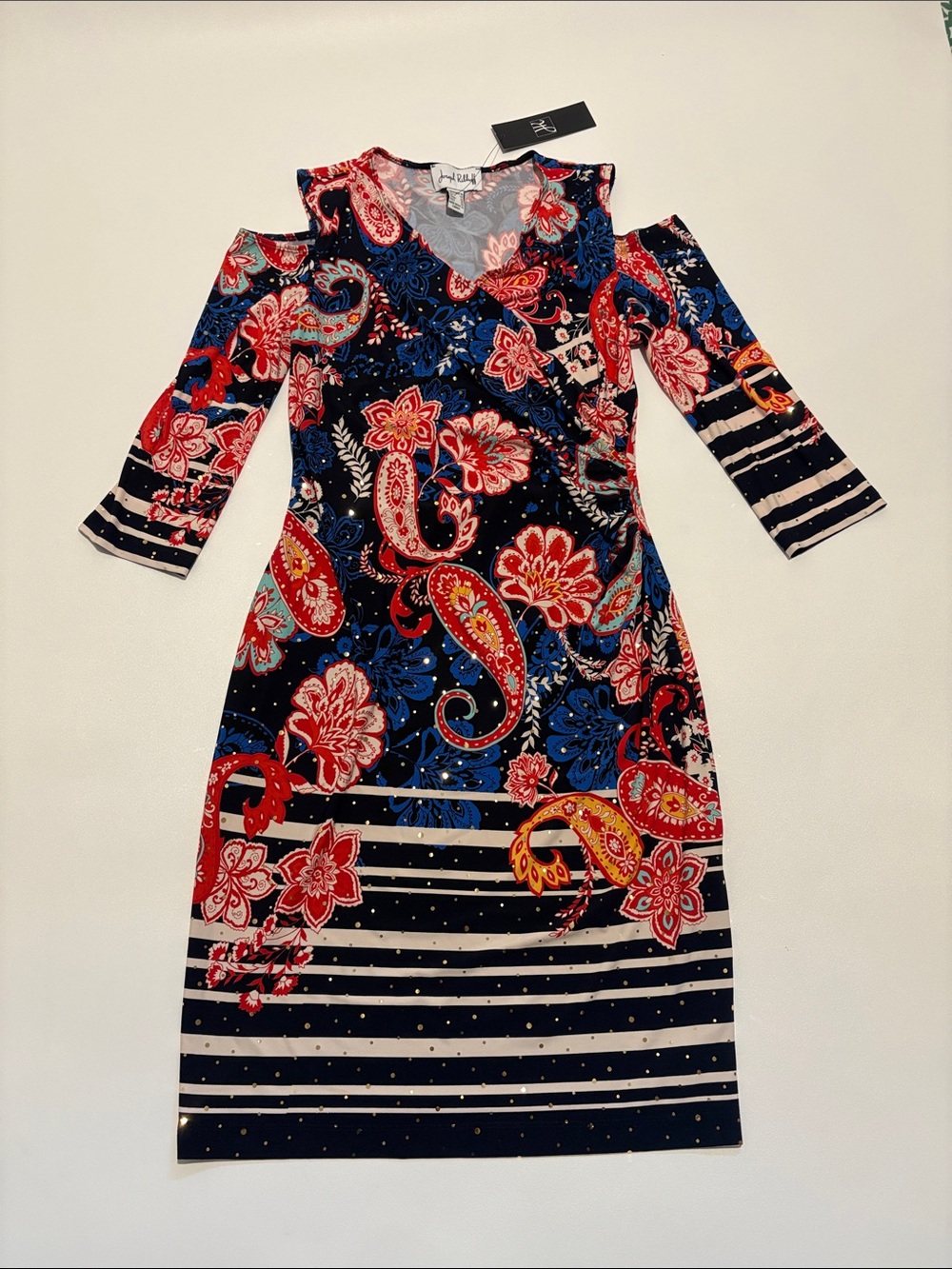 Joseph Ribkoff Navy, Red & Blue Paisley Cold-Shoulder Midi Dress